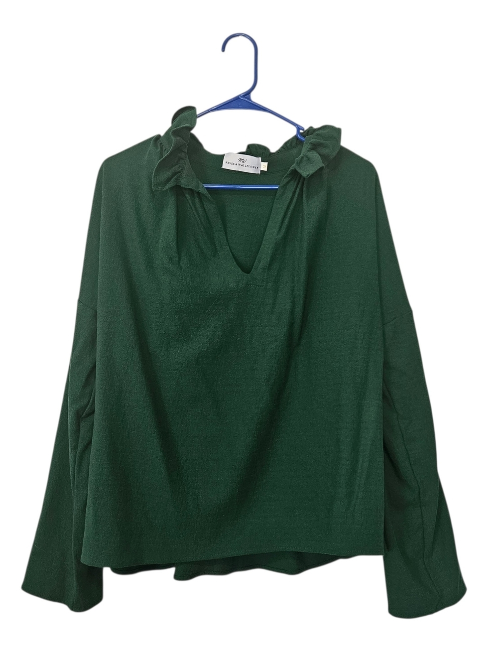 Never A Wallflower Dark Green Ruffle Long Sleeve Blouse Size M